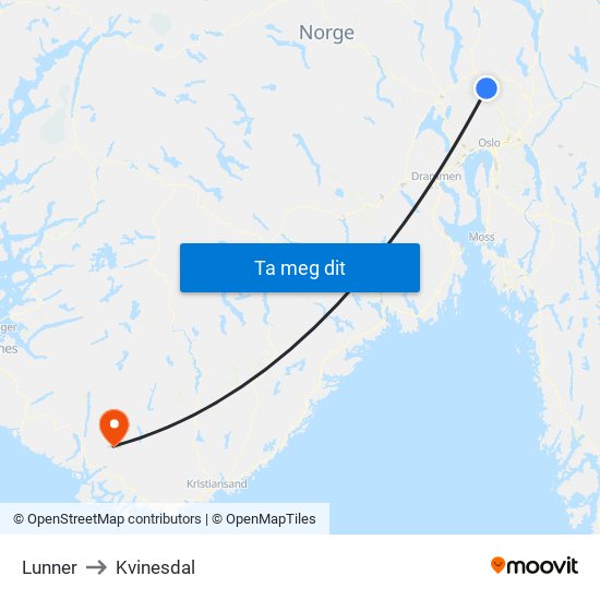Lunner to Kvinesdal map