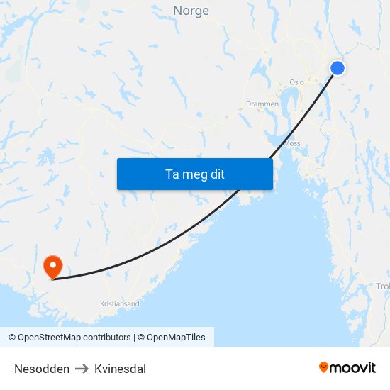 Nesodden to Kvinesdal map