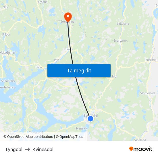 Lyngdal to Kvinesdal map