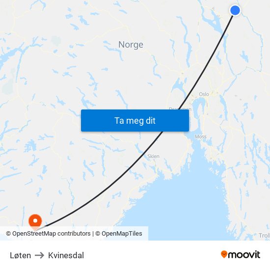 Løten to Kvinesdal map