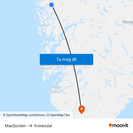 Masfjorden to Kvinesdal map