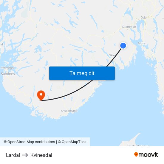 Lardal to Kvinesdal map