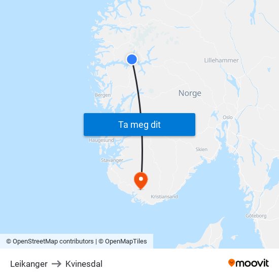 Leikanger to Kvinesdal map