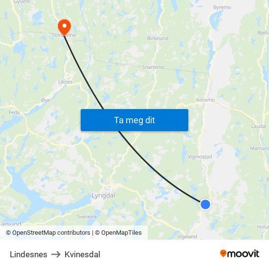 Lindesnes to Kvinesdal map
