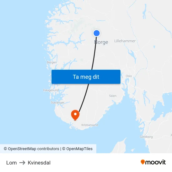 Lom to Kvinesdal map