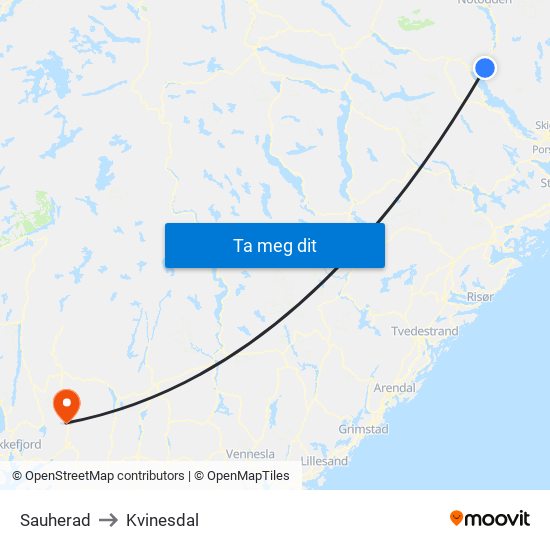 Sauherad to Kvinesdal map