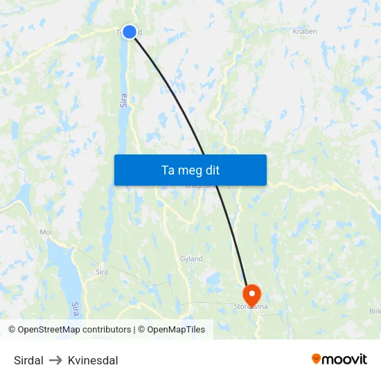 Sirdal to Kvinesdal map