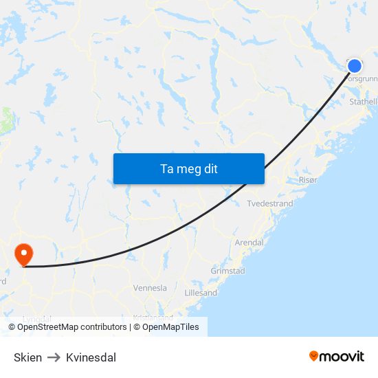 Skien to Kvinesdal map