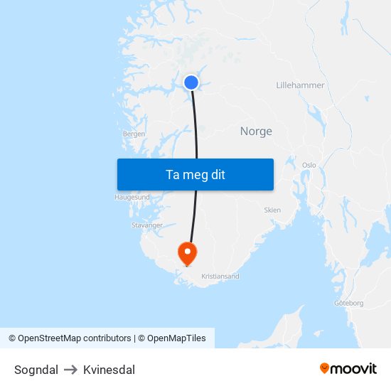 Sogndal to Kvinesdal map