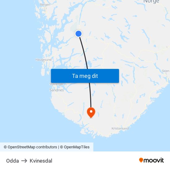 Odda to Kvinesdal map