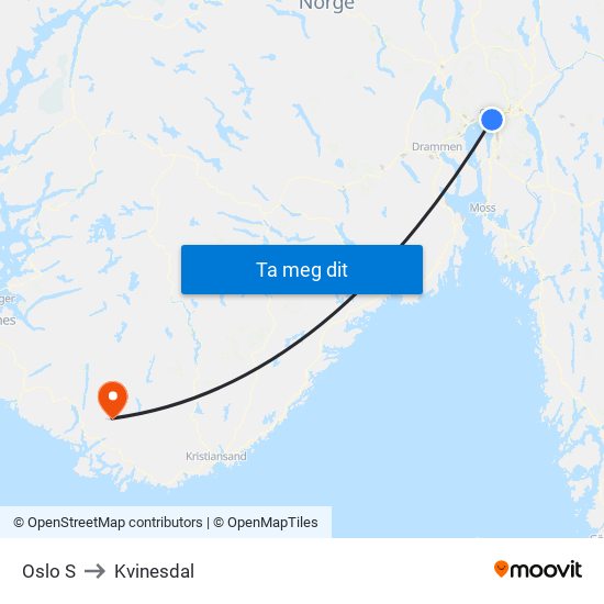 Oslo S to Kvinesdal map