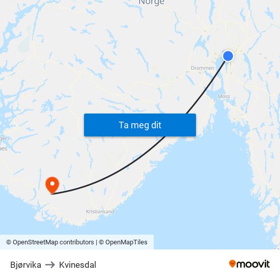 Bjørvika to Kvinesdal map