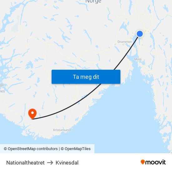 Nationaltheatret to Kvinesdal map