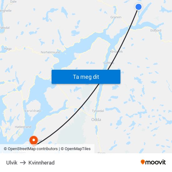 Ulvik to Kvinnherad map