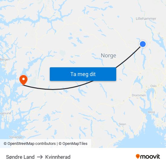 Søndre Land to Kvinnherad map
