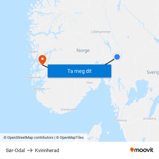 Sør-Odal to Kvinnherad map