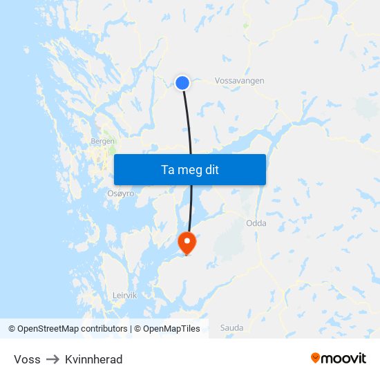 Voss to Kvinnherad map