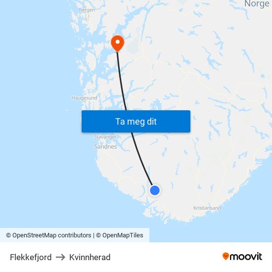 Flekkefjord to Kvinnherad map