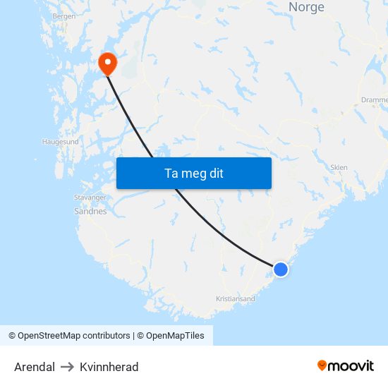 Arendal to Kvinnherad map