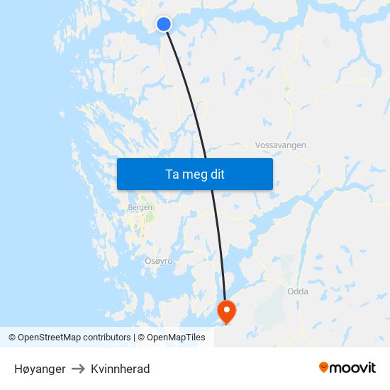 Høyanger to Kvinnherad map