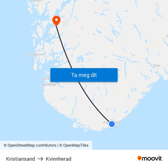 Kristiansand to Kvinnherad map