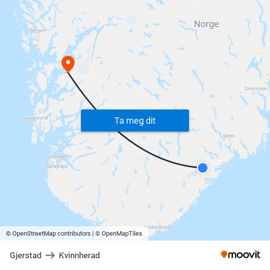 Gjerstad to Kvinnherad map