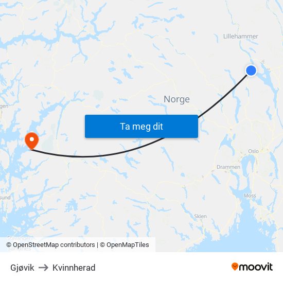 Gjøvik to Kvinnherad map
