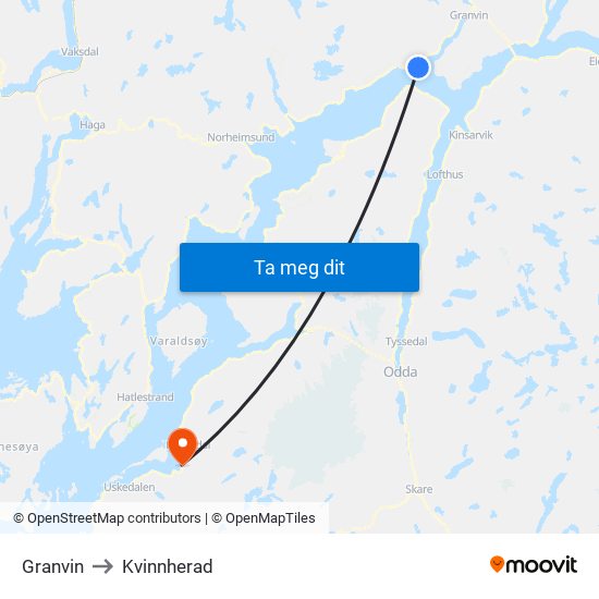 Granvin to Kvinnherad map