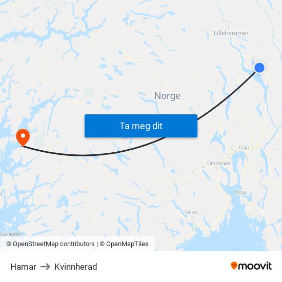 Hamar to Kvinnherad map