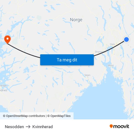 Nesodden to Kvinnherad map