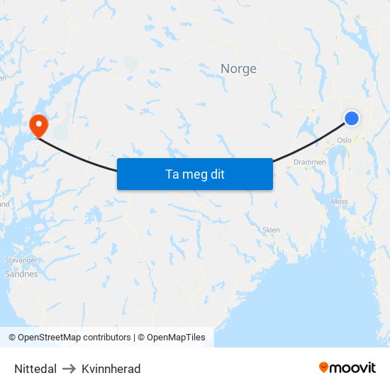 Nittedal to Kvinnherad map