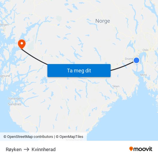 Røyken to Kvinnherad map