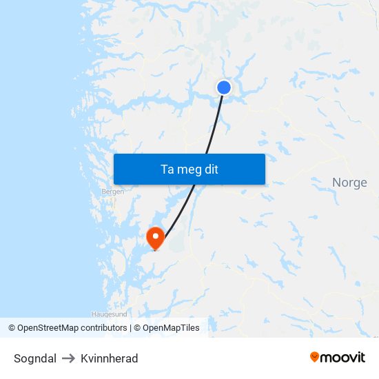 Sogndal to Kvinnherad map