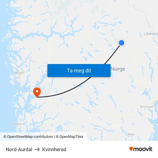 Nord-Aurdal to Kvinnherad map