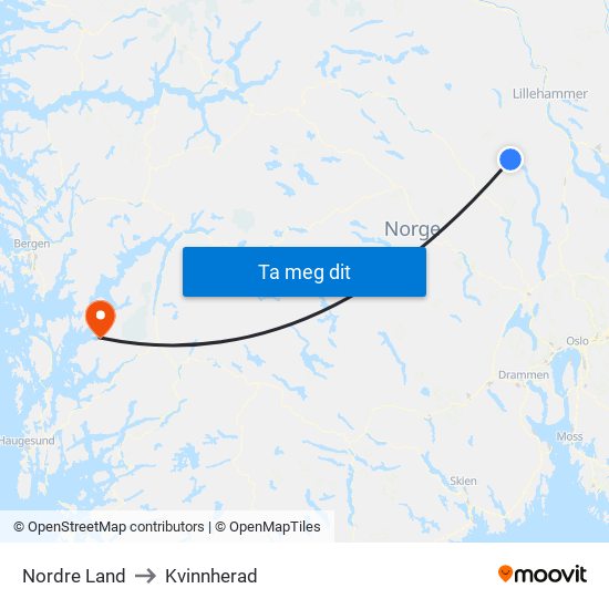 Nordre Land to Kvinnherad map