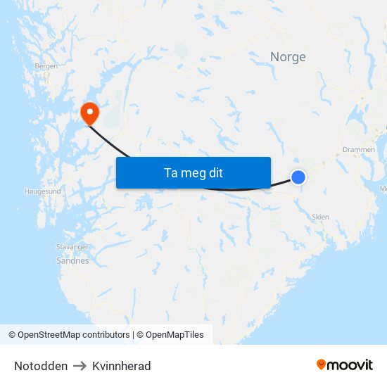 Notodden to Kvinnherad map