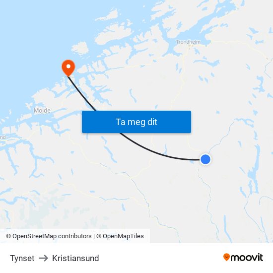 Tynset to Kristiansund map