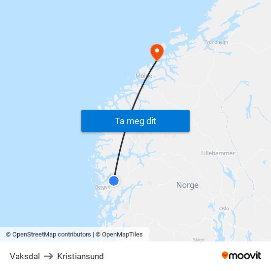 Vaksdal to Kristiansund map