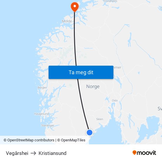 Vegårshei to Kristiansund map