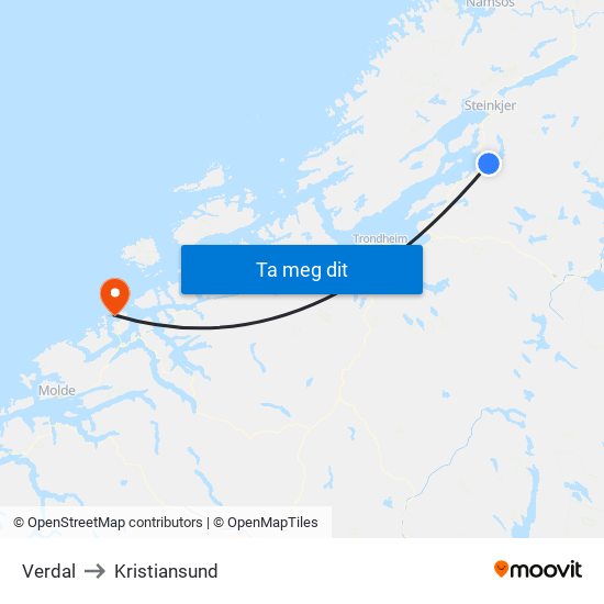 Verdal to Kristiansund map