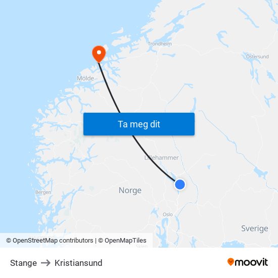 Stange to Kristiansund map