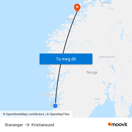 Stavanger to Kristiansund map