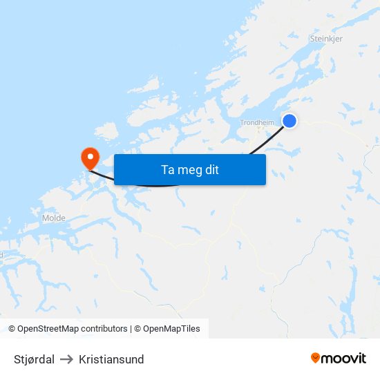 Stjørdal to Kristiansund map