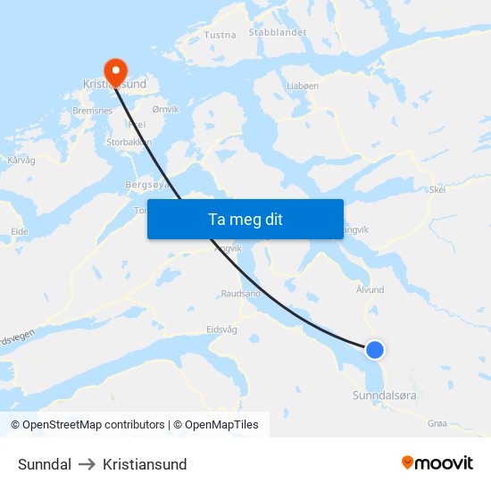 Sunndal to Kristiansund map