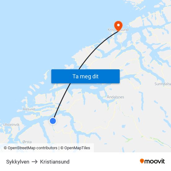 Sykkylven to Kristiansund map