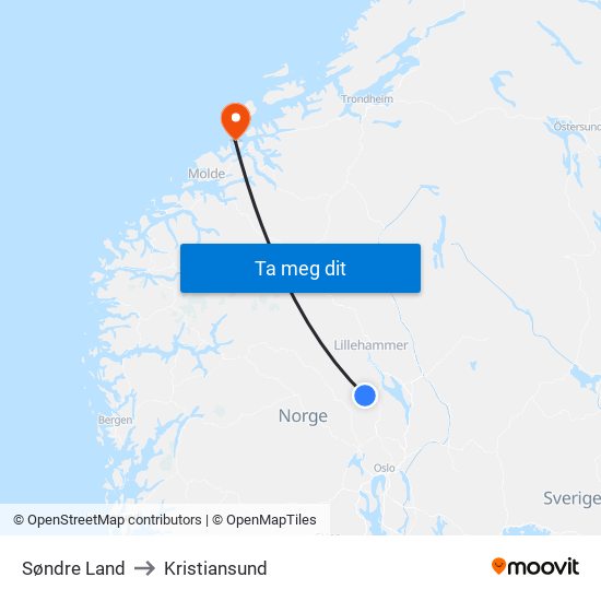 Søndre Land to Kristiansund map