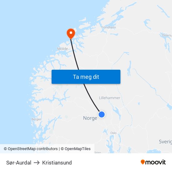 Sør-Aurdal to Kristiansund map