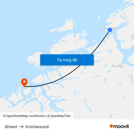 Ørland to Kristiansund map