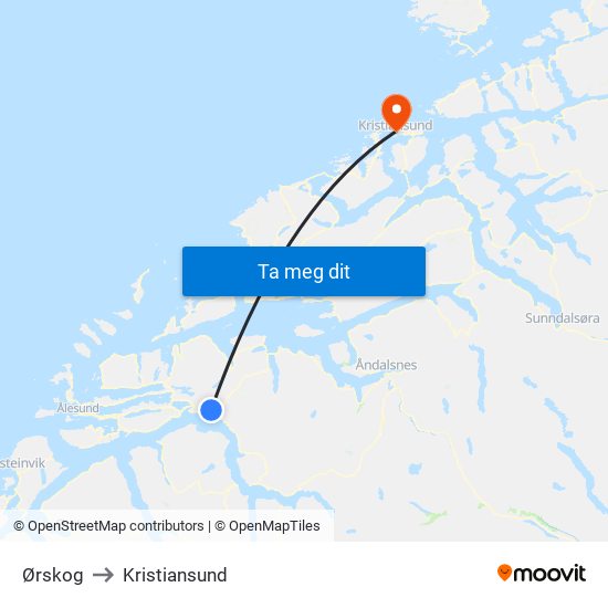 Ørskog to Kristiansund map