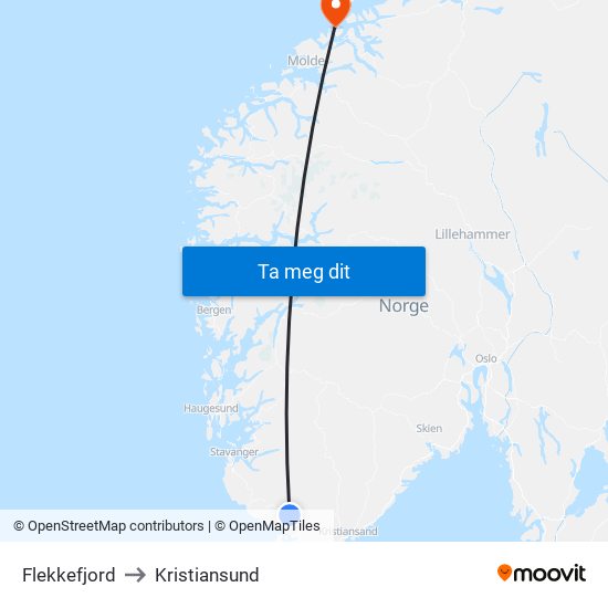 Flekkefjord to Kristiansund map